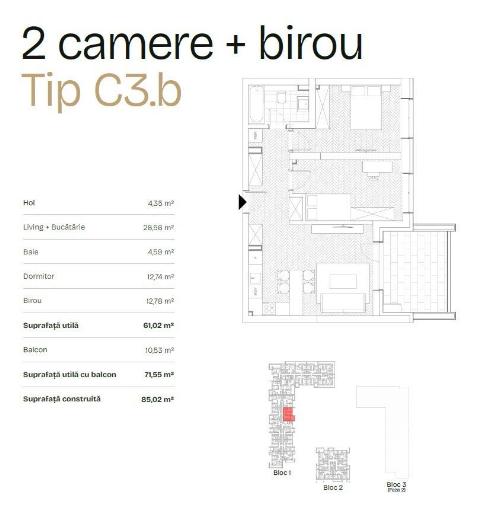 De Vanzare Apartament 2 camere + birou + terasa 10.53mp, Bdul Ghencea 2